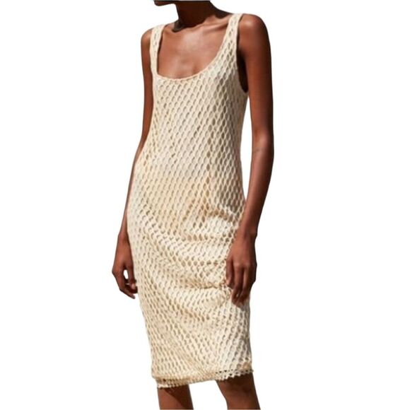 Zara Scoop Neck Fishnet Dress Beige Small - Picture 4 of 10
